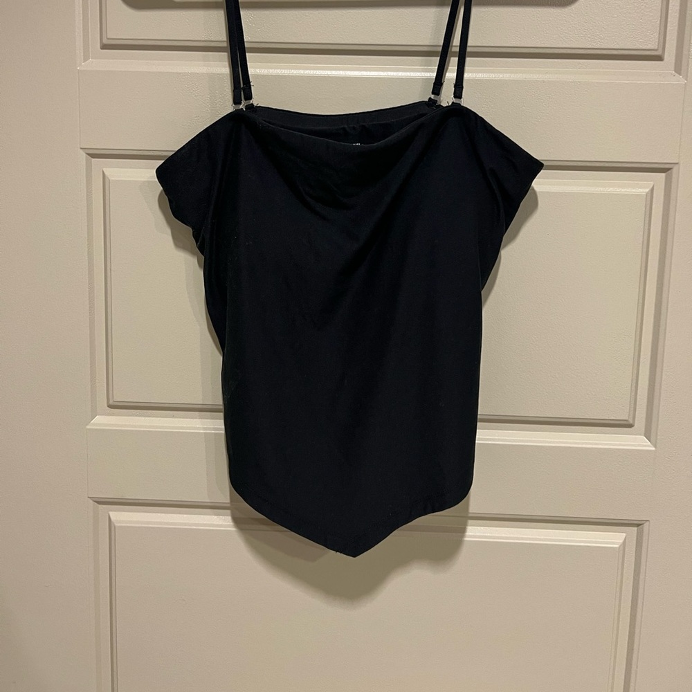 Asymmetrical strapless top, slightly cropped